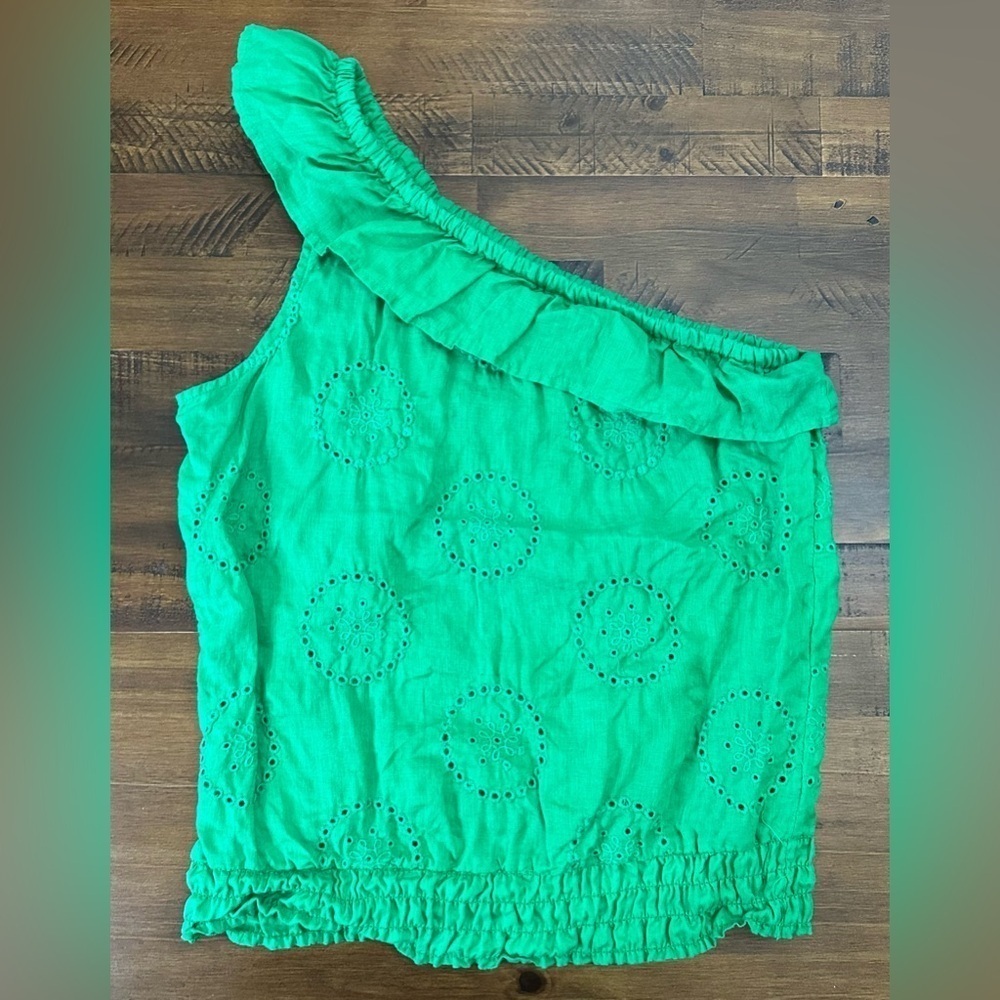 Express - GREEN eyelet semi-sheer 100% LINEN one shoulder tank blouse, size XS